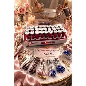 Vintage Velvet Flocked Hot Rollers 24 Curlers 30 Pins Pageant Glam Hair Styling